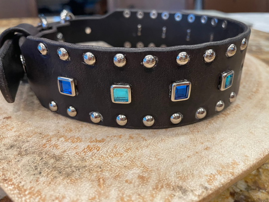 Premade, Ready To Ship Leather Dog Collar With Hand Stamped Square Blue & Turquoise Jewels,, 1.5" Tapered Down 1"