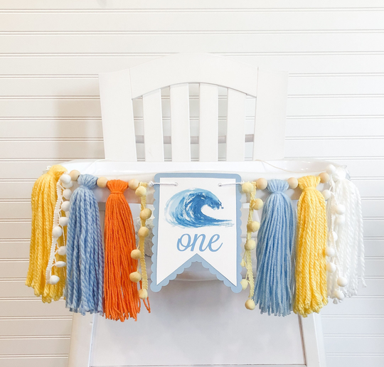 Surfer Wave Birthday High Chair Yarn Tassel Banner, Cake Smash Backdrop First Birthday