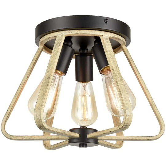 Fabriano Rustic Flush Ceiling Light Wood Grain Metal Cage Shade - Off-White & Black