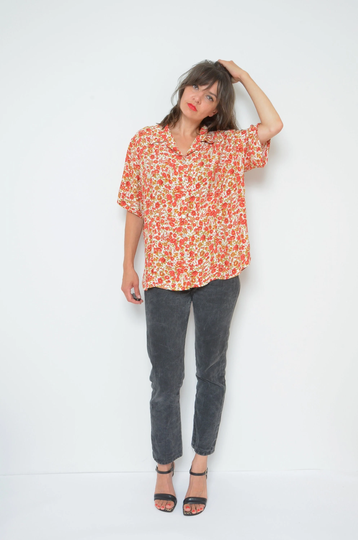 Pastel Colors Floral Blouse/Vintage 90S Colorful Flower Pattern Button Short Sleeve Oversized Shirt Summer Top - Size Medium/Large