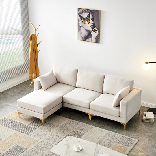 3-seater L Shape Fabric Couch Sectional Sofa with Ottoman