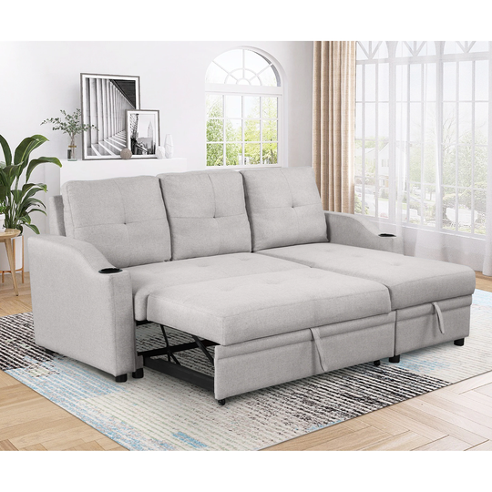 Pull Out Sofa Bed Upholstered Sleeper Sofa, Linen Fabric 3 Seater Couch with Storage Chaise & Cup Holder for Small Spaces
