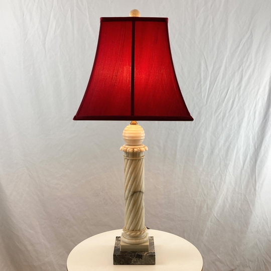 Alabaster Table Lamp Neoclassic Style Roman Twist & Grooved Column On Black Marble Base With Contemporary Red Shade