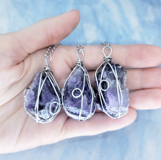 Raw Amethyst Crystal Wire Wrapped Necklace With Stainless Steel Chain - Purple Stone Pendant Silver Cage Wrap Boho Spiritual Jewelry