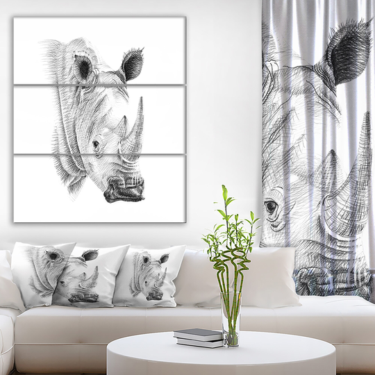 Designart 'Pencil Rhino Sketch in Black and White' Animals Print on Wrapped Canvas set