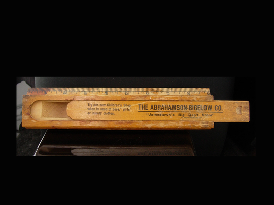 Antique 1900's Advertising Ruler Box - Vintage Wood Pencil Case Abrahamson Bigelow Co Childrens Shop