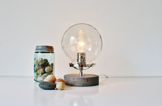 Globe Table Lamp, Industrial Chrome, Steel & Wood Desk Round Clear Glass Orb Shade, Modern Minimalist Bootsngus Lighting & Decor