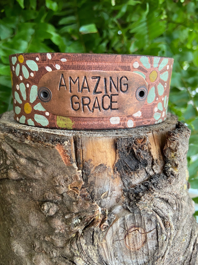 Leather Word Cuff-Art CollectionWeathered Leather - Amazing Grace-7.5 Inch Wrist