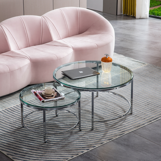 Modern Nesting 10mm/0.39" Clear Tempered Glass Coffee Table Set of 2, Round End Table with Gold Finish Metal Base