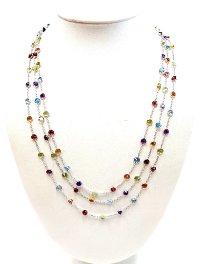 Three Strand Colored Stone Station Necklace in 14 Karat White Gold