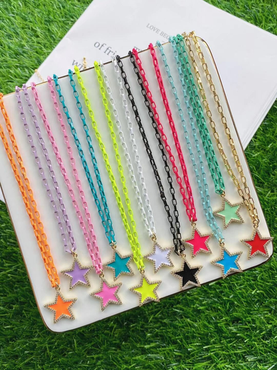 5Pcs, Colorful Enamel Gold Star Necklace, Necklace, Cz Pave