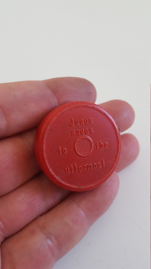 Vintage Circa 1950's To 1960S "Jesus Saves The Uttermost" Pocket Tape Measure, Made in Germany Hard Plastic Case. 36"