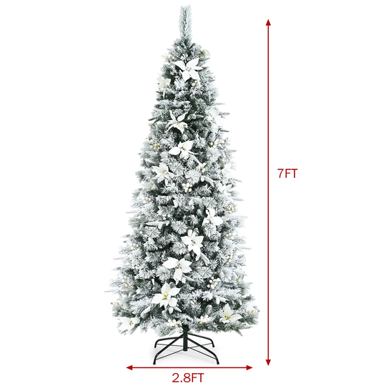 Snow Flocked Pencil Christmas Tree Skinny Tree with Berries Flowers