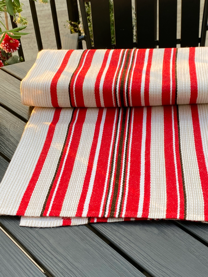 70S Scandinavian Modern Woven Table Cloth, Striped Red Tablecloth, Sweden Vintage Textile