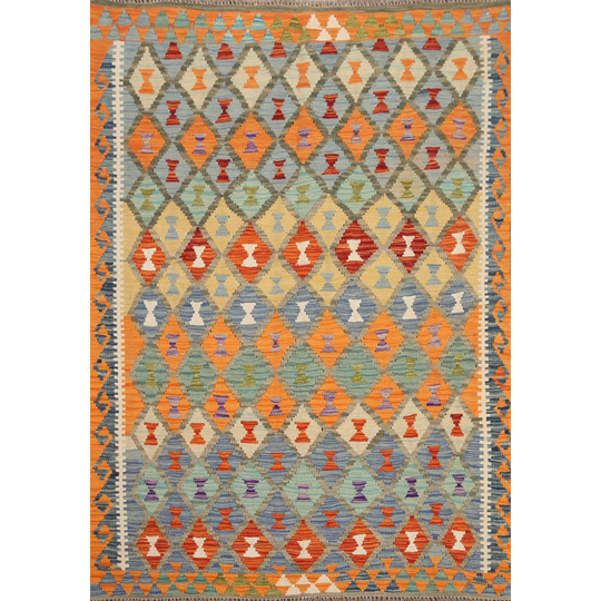 Geometric Kilim Multi-Color Area Rug Hand-woven Wool Carpet - 5'0"x 6'4"