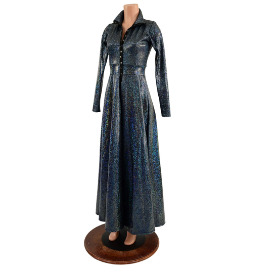 Open Front Breakaway Gown in Black On Shattered Glass, With Snaps, Long Sleeves, & A Turtleneck 1579231