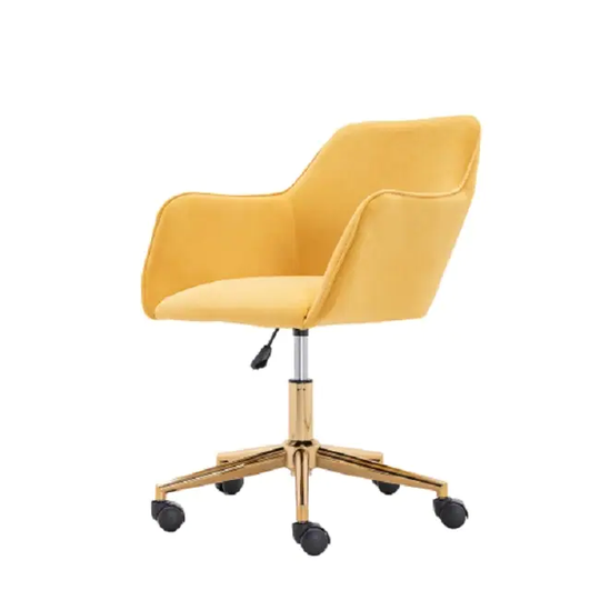 Modern Velvet Yellow Material Adjustable Height 360 Revolving Home Office Chair With Gold Metal Legs And Universal Wheel