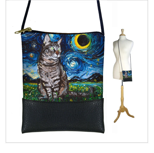 Sg Tabby Cat Small Crossbody Bag, Starry Night Cell Phone Purse, Mini Shoulder Bag, Unique Gift, Crescent Moon Art Blue Black Rts