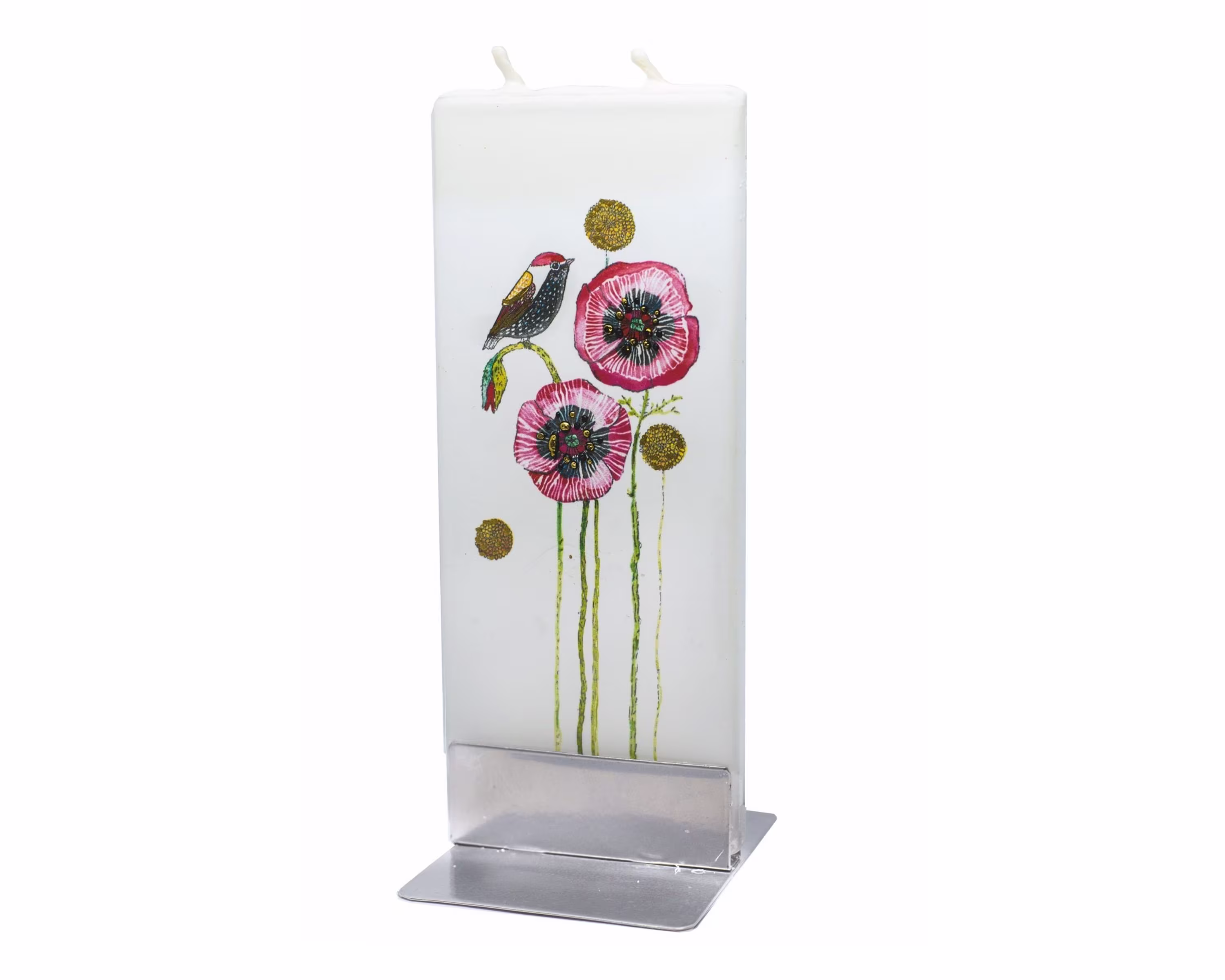 Hand Painted Flat Candle | Bird On Poppies Small Unique Gift Spring Floral Shelf Décor