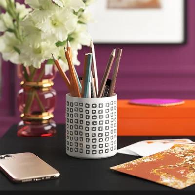 4" Ceramic Pen Holder - White and Black with Contemporary Dotted Design - Home, School or Office Use