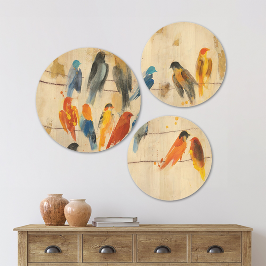 Designart 'Multicolor Bird Meeting' Traditional Animal Wood Wall Art Set of 3 Circles - Multi-Color