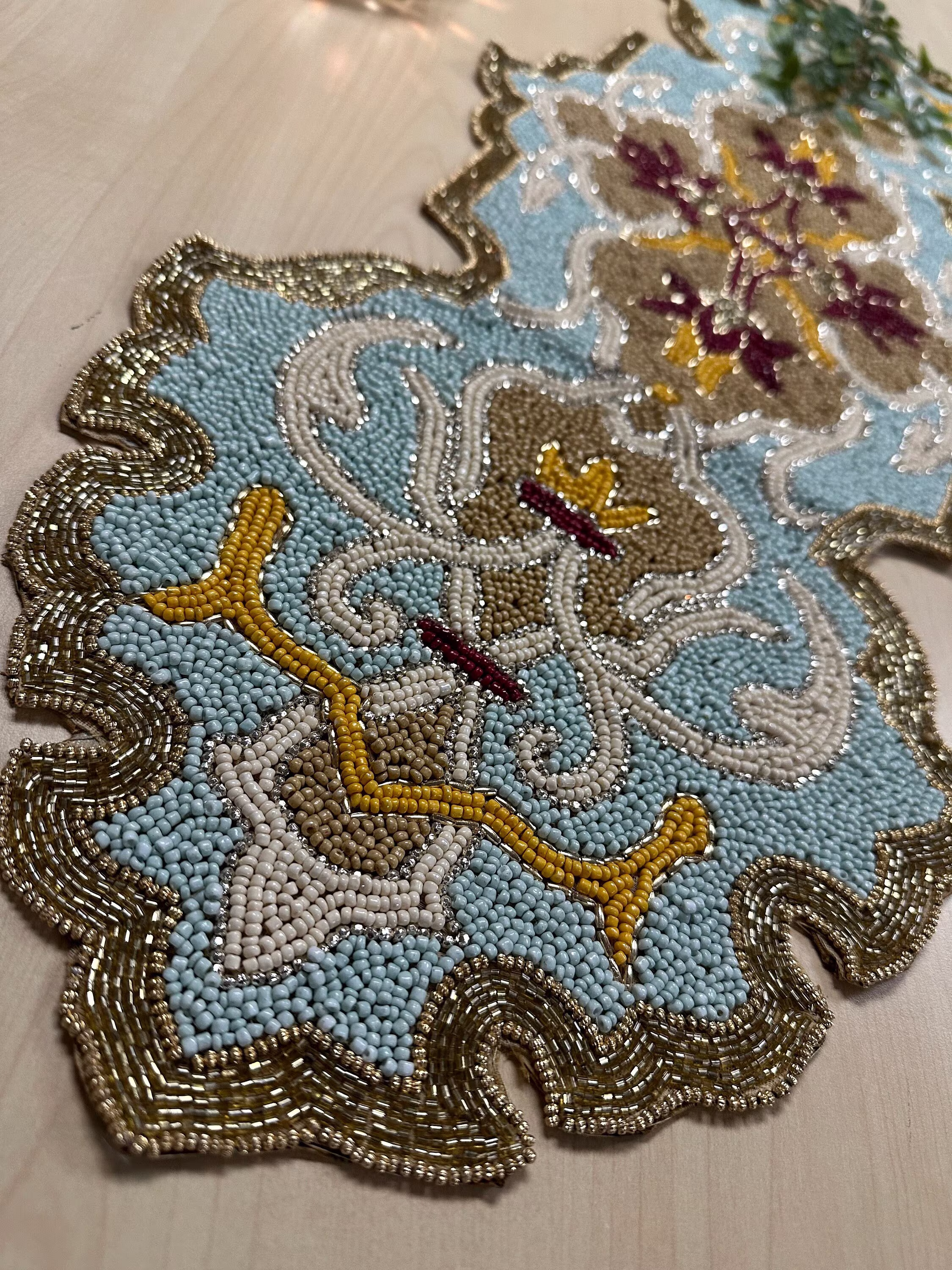 Embroidered Beaded Table Runner With Satin Back For Dining Kitchen Decor Handmade Fabric Beads Size 36"x13" Inches