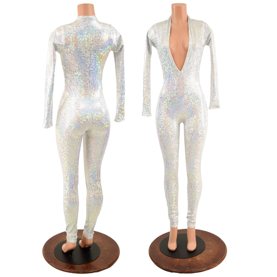 Plunging V Neck Catsuit With Long Sleeves Created in Silver On White Shattered Glass 157818