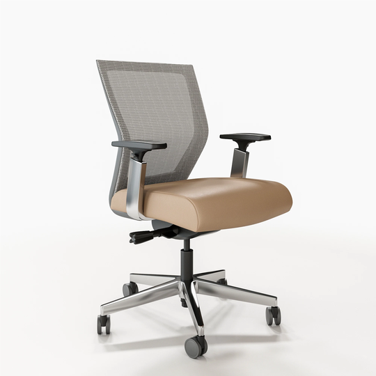 Via Seating Run II, Ergonomic Mid- Back Mesh Office Chair, Contract Grade, Polished Aluminum Frame, Genuine Leather Seat