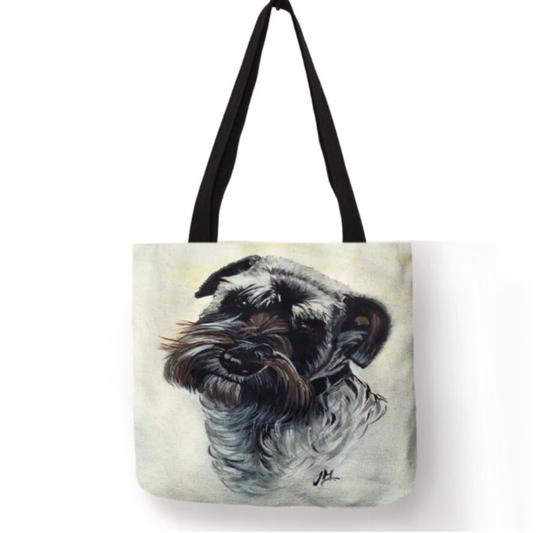 Cotton Bag, Eco Fabric Bag With Long Handles, Linen For Shopping, Dog Art Print Tote Handbag, Women Fabric Bag Student School Bags