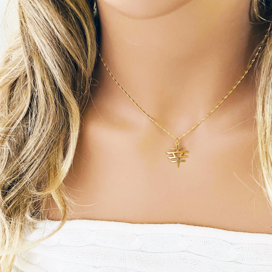 Happiness Necklace, Kanji Symbol Japanese Hieroglyph, Sign Necklace, Silver Happiness Symbol, Japan Necklace
