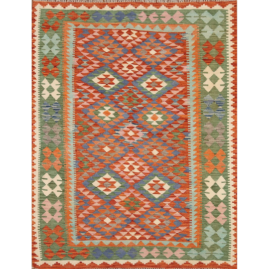 Colorful Kilim Geometric Area Rug Hand-woven Oriental Wool Carpet - 5'2"x 6'3"