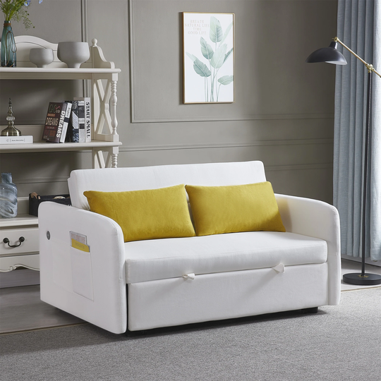 Fabric Upholstered Loveseat Sofa in white with Manual Puller Twins Sofa Bed - 56"Wx37"Dx31"H