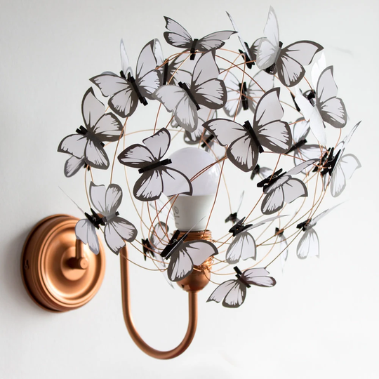 White Butterflies Copper Wall Sconce Light, Boho Light Fixture in Black & White, One Of A Kind Gift For Butterfly Lovers