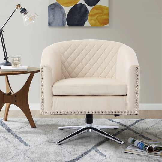 Velvet Swivel Barrel Chair for Living Room Upholstered Lounge Chairs with Nailheads Decoration and Adjustable Height Metal Base