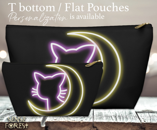 Neon Luna Moon Kitty Pencil Pouch, Anime Cat Zipper Dusty Pink Makeup Large Case, Travel Organizer, Black Pouch Bag