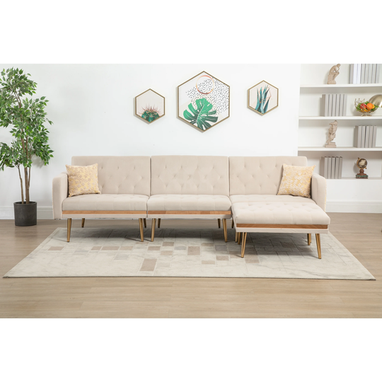 Polyester Padded 3-Seat Sectional Sofa Set Convertible Vintage Sleeper Sofa, Living Room Accent Sofa with Ottoman&Metal Legs