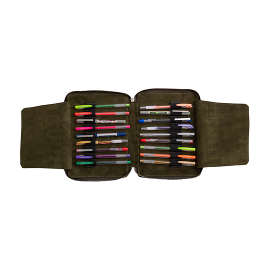 Genuine Leather Handmade 18-Slot Pen Case, Zippered Pencil Pouch, Fountain Dark Green