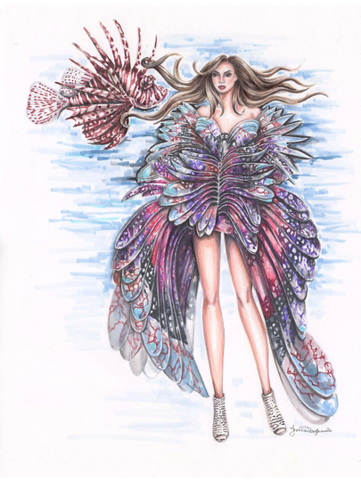 The One & Only Original Pencil Marker Illustration Of Iris Van Herpen Haute Couture Design With Creative Backgound Lion Fish