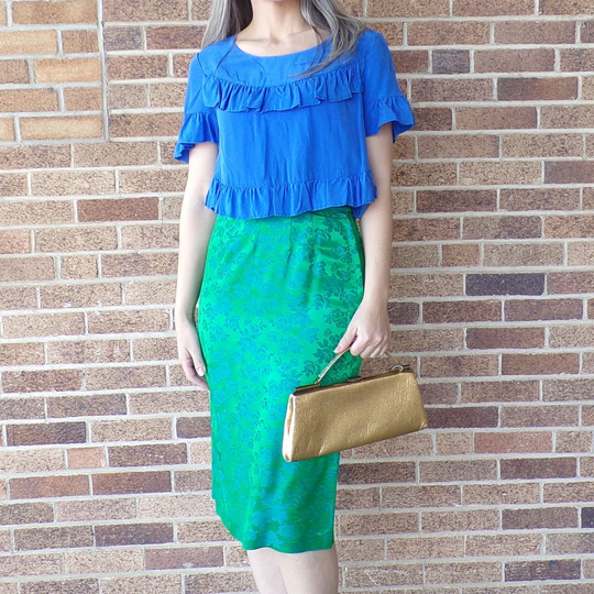 Green Blue Satin Pencil Skirt Jacquard 1960's 60's S | H4
