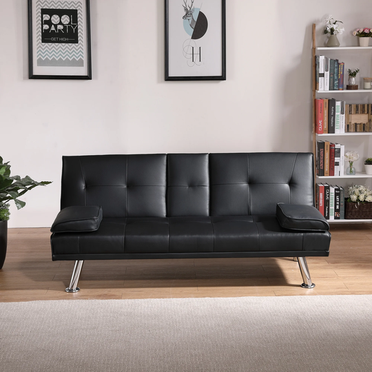 Modern Versatile Folding Sofa, Backrest Has 3 Adjustable Angles Leather Sofa Bed with Metal Chrome Legs & Two Cup Holders