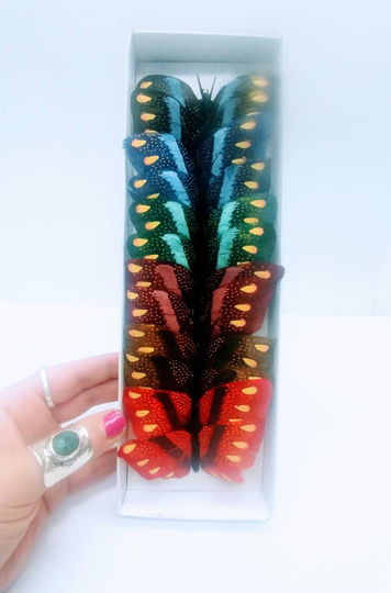Vtg Box Of 12 Assorted Color Feathered Monarch Type Butterflies, Vintage Artificial Colorful Butterflies Home Decor Vibrant Butterfly