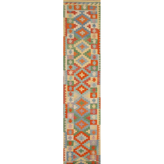 Colorful Geometric Kilim Runner Rug Flat-weave Oriental Wool Carpet - 2'6"x 16'0"