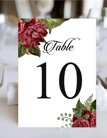 Table Numbers Burgundy Rose Wedding | Seating Cards Item Tn-619-6 Lovebirdslane
