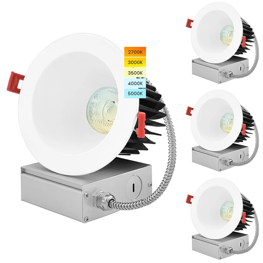 Luxrite 4" LED Recessed Lighting with J-Box 18W 1500 Lumens 5 Color Selectable Dimmable Wet Rated IC Rated 4 Pack