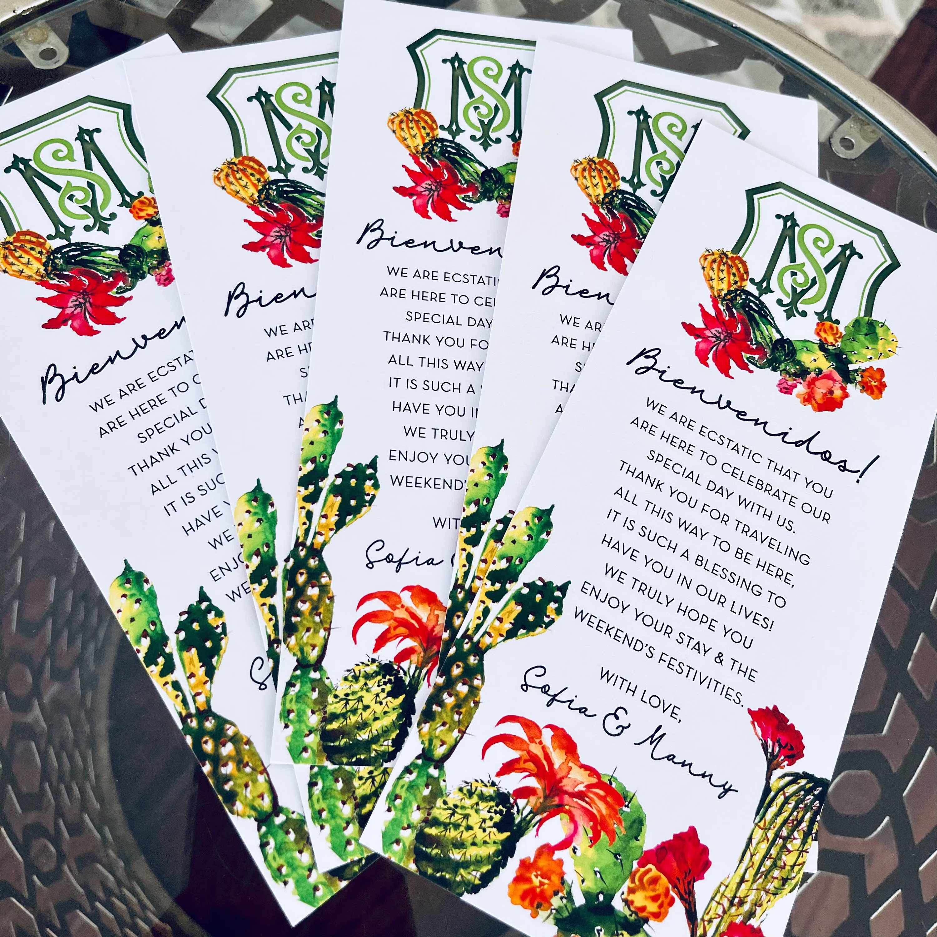 Custom Full Color Wedding Welcome Letter, Printed Menu Cards, Personalized Colorful Cactus Flower Itinerary, Programs
