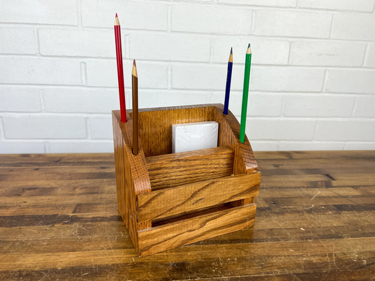Vintage Wood Index Card & Pen Pencil Holder Handmade Wooden Office Decor