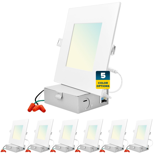 Sunperian 6 inch Square Ultra-Thin LED Recessed Light J-Box 5 Color Options 12W 1000 Lumens Dimmable Wet Rated 6 Pack