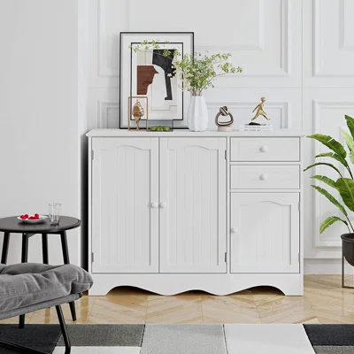Sideboard Locker, Floor Kitchen Buffet Server Cabinet With 3 Doors 2 Drawers For Bedroom, Living Room, White Finish