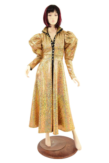 Open Front Breakaway Gown in Gold On Black Shattered Glass, With Gold Snaps, Victoria Sleeves, & A Turtleneck 157714