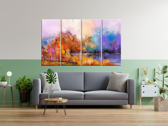 Colorful Autumn, Forest, Yellow-Red-Leaved, Trees, Lake, Nature, Hand Painted, Impressionist, Outdoor, Colorful Forest, Canvas Design, Wall Print